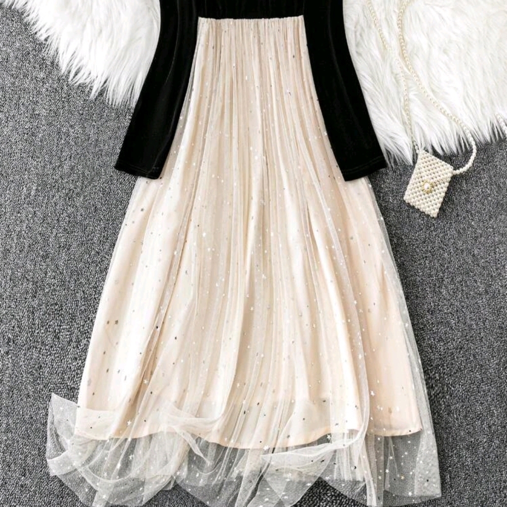 SHEIN Black and Cream Midi Dress